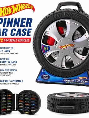 Hot Wheels Spinner Car Case - Black & Silver Tire Storage for 72 Cars